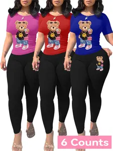 Women's Cartoon Bear Print Crop Tee & Skinny Pants Set, Casual Fashion Cozy Round Neck Short Sleeve T-shirt & Trousers for Daily Outdoor Wear, Ladies Summer Clothes, Suits