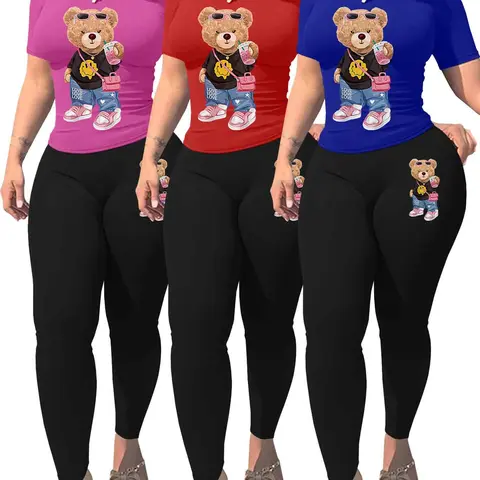 Women's Cartoon Bear Print Crop Tee & Skinny Pants Set, Casual Fashion Cozy Round Neck Short Sleeve T-shirt & Trousers for Daily Outdoor Wear, Ladies Summer Clothes, Suits