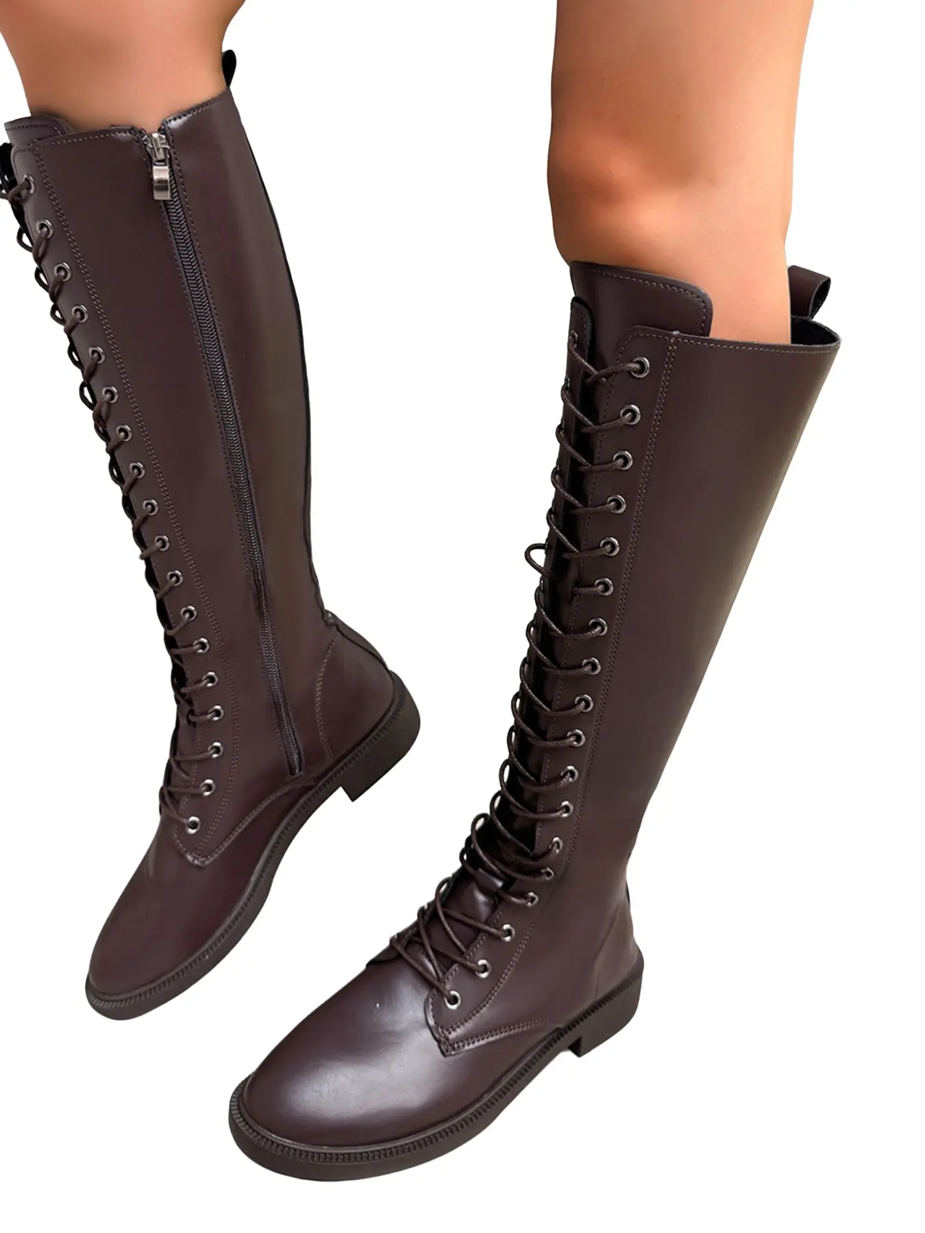 Versatile Knee-High Knight Boots, Lacing Design + Side Zipper, Soft Leather Comfortable, Ideal for Daily Wear, Office, Casual
