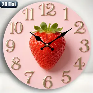 2D flat design. 1 piece set. Pink Strawberry Creative Wall Clock, Silent Decorative Wall Clock, Creative Wall Clock, Suitable for Bedroom, Living Room, Office Decoration, 25/30cm (excluding AA batteries), 2D Flat Version
