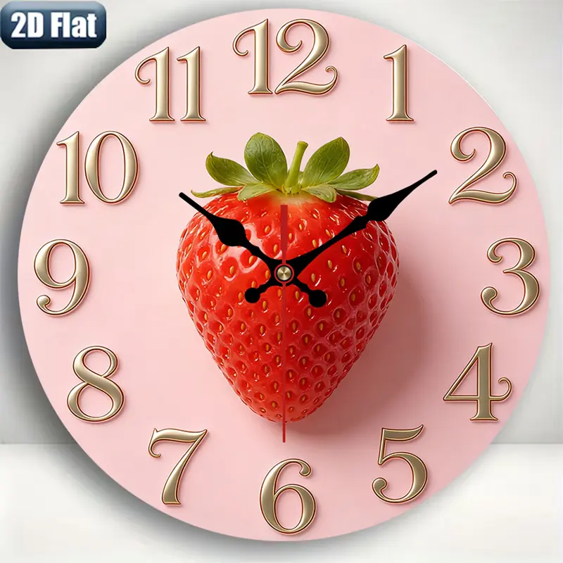 2D flat design. 1 piece set. Pink Strawberry Creative Wall Clock, Silent Decorative Wall Clock, Creative Wall Clock, Suitable for Bedroom, Living Room, Office Decoration, 25/30cm (excluding AA batteries), 2D Flat Version