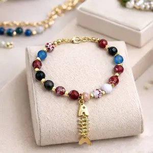 Colorful Beaded Fish Charm Bracelet – Gold Accent Trendy Bracelet | Stylish Handmade Jewelry
