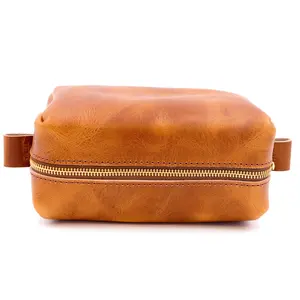 Handmade Leather Toiletry Bag - Brown Pull-Up Leather Dopp Kit - Vintage Style Shaving Bag for Men - YKK Brass Zipper Travel Organizer - Best Groomsmen Gift