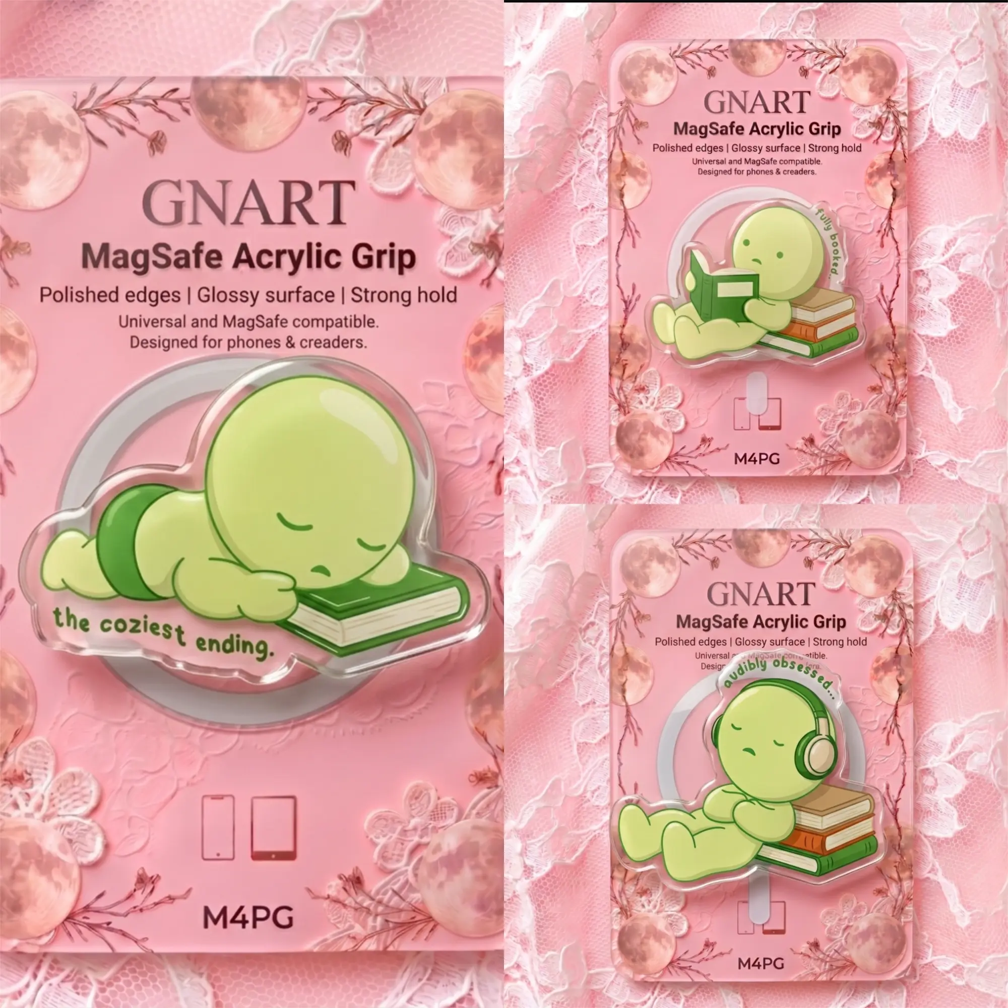 Cute Green Figure Magnetic Phone Grip Acrylic Bookish Mascot Phone Stand Kawaii Book Lover Phone Holder Minimalist Audiobook Reader Mobile Tech Accessory Gift for Best Friend