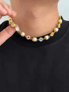 Bohemian Faux Pearl Pendant Necklace with Colorful Rhinestones, Elegant Jewelry Gift for Men, Perfect for Daily Wear & Parties, Fashion Necklace
