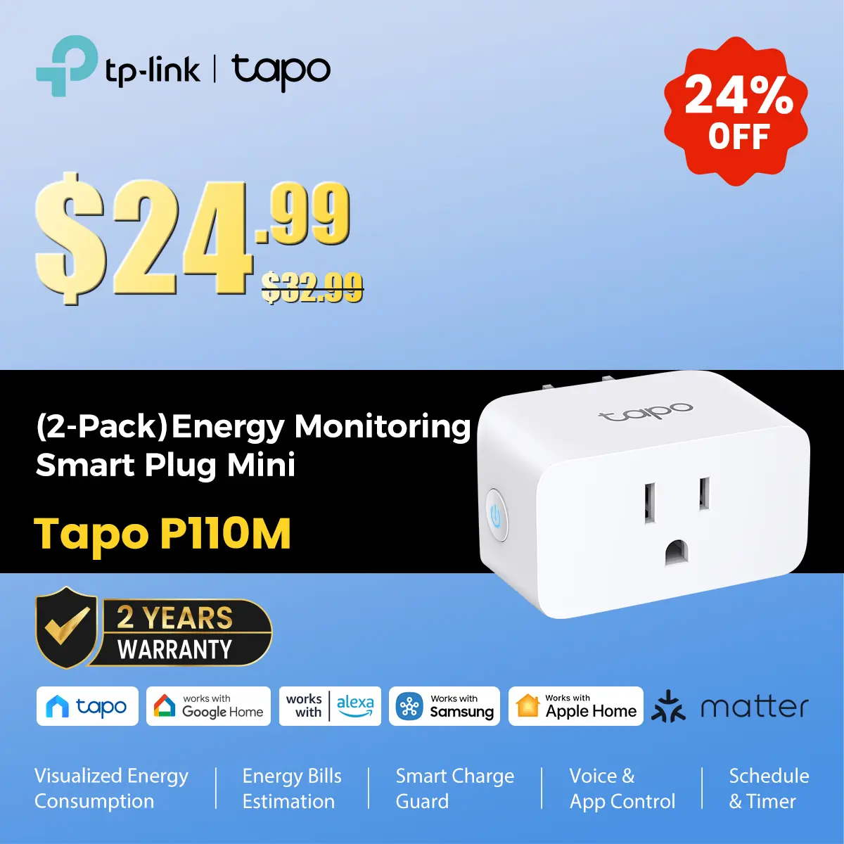 TP-Link & Tapo P110M (2-Pack) | Matter-Certified Mini Smart Plug with Energy Monitoring, Works with Alexa, Google, Siri & SmartThings, 15 A, UL Listed, Remote & Voice Control, Schedules, Away Mode – White  #SummerWins #DealsForYouDays