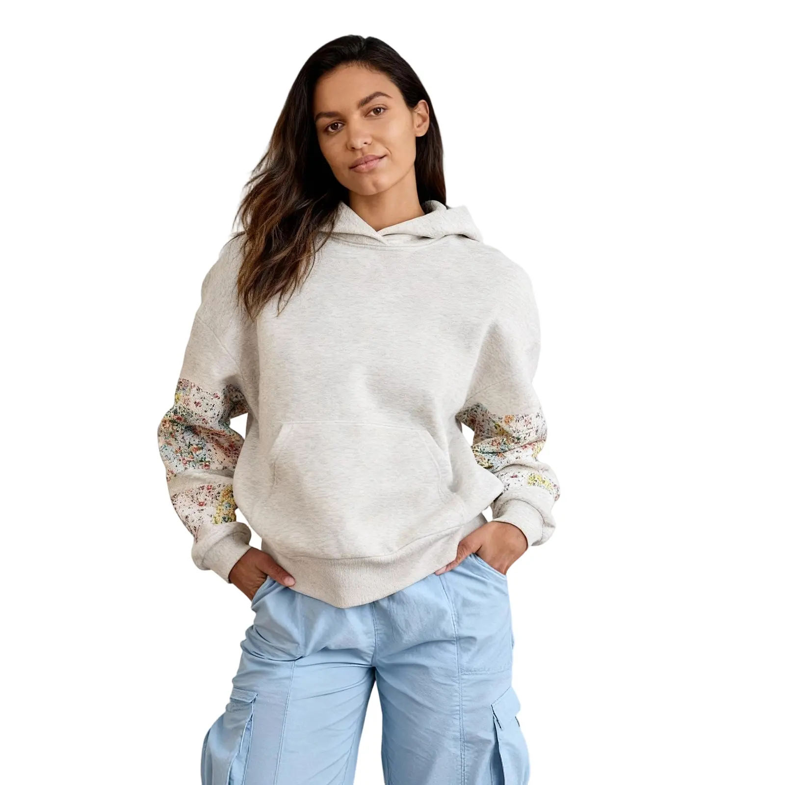 Women's Hooded Sweatshirt - Floral Patchwork, Loose Fit, Long Sleeve, Casual Top with Pocket, Gray
