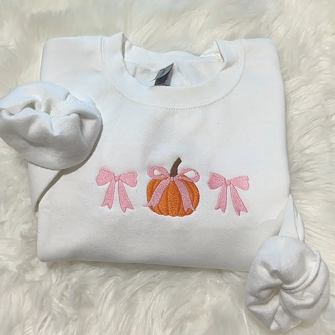 Embroidered coquette pumpkin bow sweatshirt ,  embroidered fall sweatshirt, bow sweatshirt, pumpkin sweatshirt, fall crewneck , cute fall sweatshirt