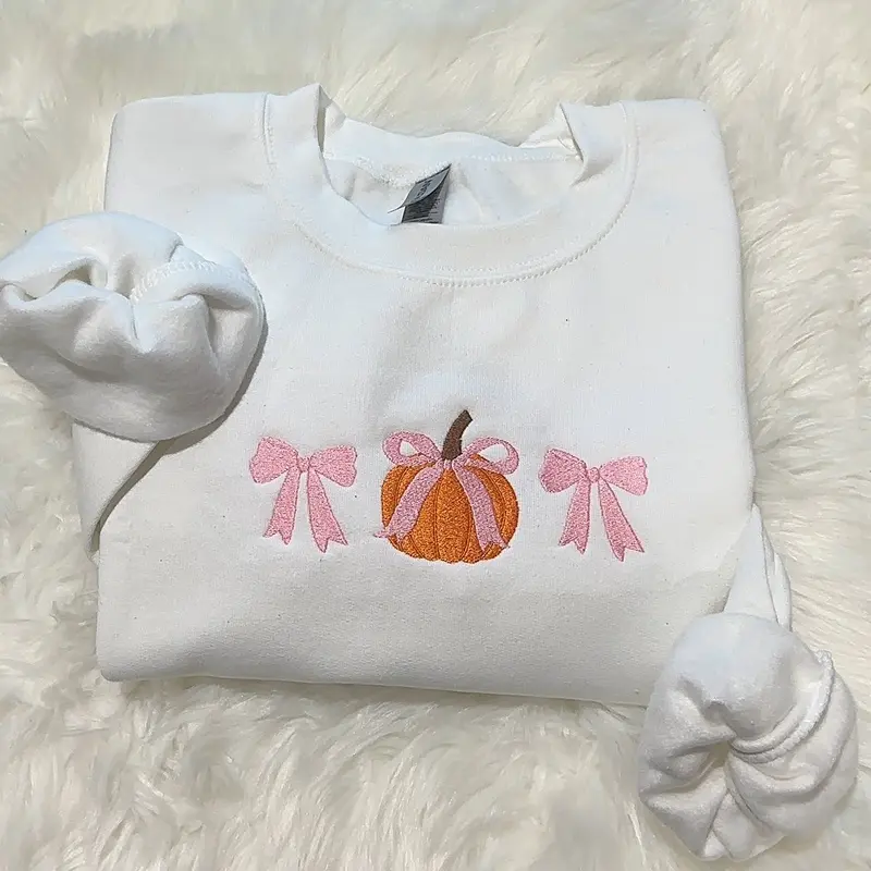 Embroidered coquette pumpkin bow sweatshirt ,  embroidered fall sweatshirt, bow sweatshirt, pumpkin sweatshirt, fall crewneck , cute fall sweatshirt