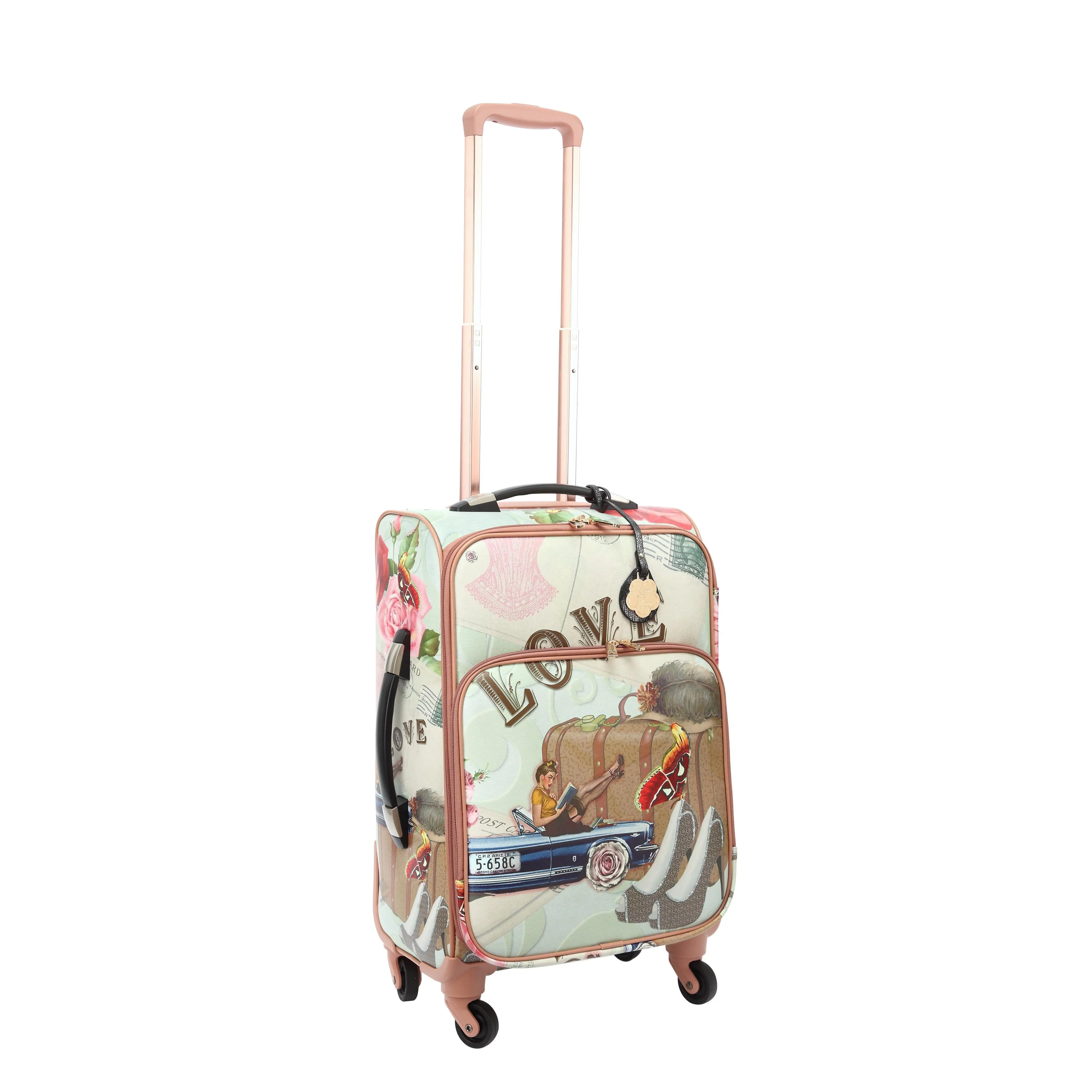 Vintage Hollywood Graphic Carry-On Suitcase for Women, 24-Inch with Quad Spinner Wheels for Rolling Ease and Zip-Around Organizer, Hollywood Vibe, Retro Print, Built-In Organizer, Travel Luggage Bags, On The Road, Women Who Identify With Hollywood