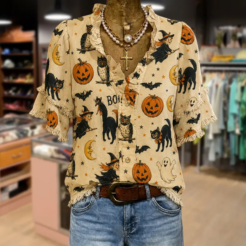 Cherrybetty Funny Halloween Print Ruffle Neck Frayed Hem Top Plus Size Fashion Shirts For Women Women's Fashion Summer Tops Stylish Women's Wear Ropa Para Mujer Blouse