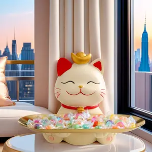 COZYhaven Home003 Lucky Money Cat Statue - Smiling Decor with Golden, Candy Bowl Base for /Office - Halloween, Christmas, Wedding, Housewarming Decoration - No Needed - Perfect Gift for Cat Lovers & Prosperity Decor, Office Decoration, Whim