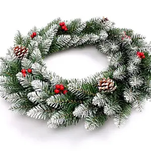 16in 80 leaves Flocked Christmas Wreath with Snow - Pinecone Berry Wreath for Front Door Mantel Winter Holiday Decor