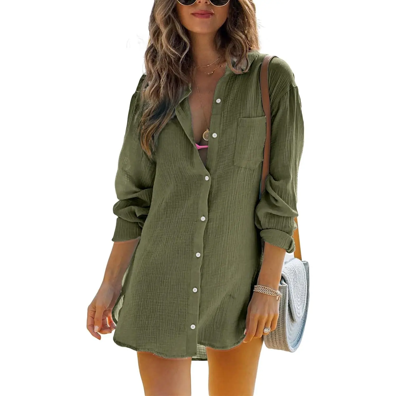 Imily Bela Womens Beach Cover Up Button Down Shirts Summer Cotton Gauze Tops Long Sleeve Bikini Swimsui