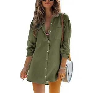 Imily Bela Womens Beach Cover Up Button Down Shirts Summer Cotton Gauze Tops Long Sleeve Bikini Swimsui