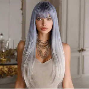 SMILCO/26-inch Blue-Gold Gradient Loose Straight with Bangs Synthetic Wig/SM582 Dreamy Colors