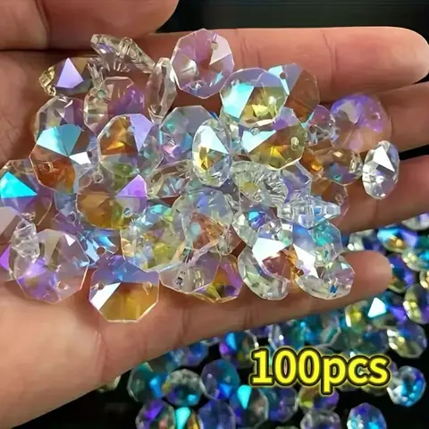 100pcs 14mm Dual-Hole Octagonal Colorful Glass Crystal Rainbow Prism Beads, Capture Sunlight, Perfect for DIY Crafts, Diy Mix Beads
