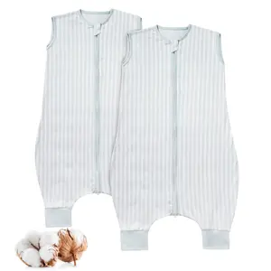 Toddler Sleep Sack with Feet 6-12 Months 2 Pack, 100% Cotton Wearable Blanket for Baby 2T, 2-Way Zipper Baby Sleeping Sack with Legs for Boys and Girls, Blue Stripe, Medium