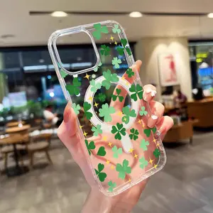 Featuring Lucky Clovers And Starry Sparkles Magsafe Case for iPhone 17 Pro Max Air 16 16e 15 14 Plus 13 12 11 X XS Acrylic Transparent Anti-Scratch wireless charging compatible Phone Back Cover Gift 2D printing