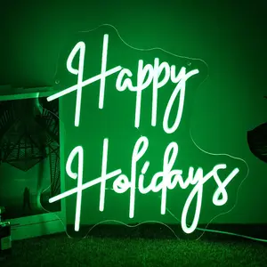 Happy Holiday Neon Sign Dimmable Letter Neon Signs Green Led Neon Light  USB for University Dormitory, Room Decoration, Office, Holiday Party