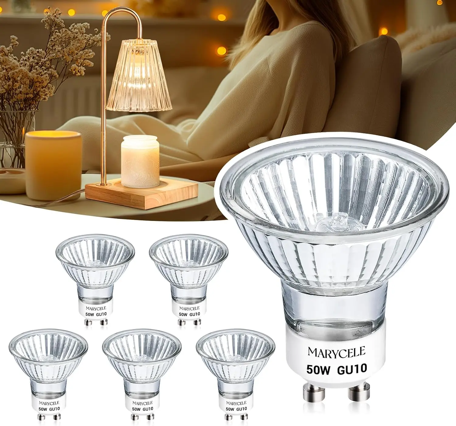 Halogen Light Bulbs for Candle Warmer Lamp, 6 Pack GU10 120V 50W MR16 Dimmable Warm Light Halogen Bulbs 2 Pin with Long Lifespan, Candle Warmer Lamp Bulb Replacement | MR16 Dimmable Warm Light Halogen Bulbs,