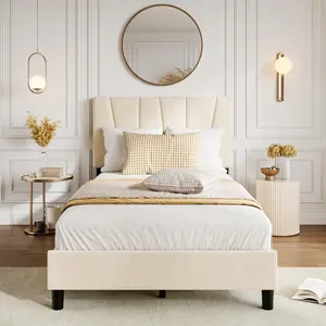 Set of 2 Twin Size Bed Frame with Adjustable Headboard, Beige Velvet Upholstered Tufted Full Platform Bedframe with Strong Wooden Slats