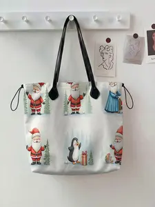 Santa Claus Pattern 2D Printed Drawstring Tote Bag, Large Capacity Shopping Bag, Durable and Wear-Resistant, Suitable for Work, Shopping, Picnic