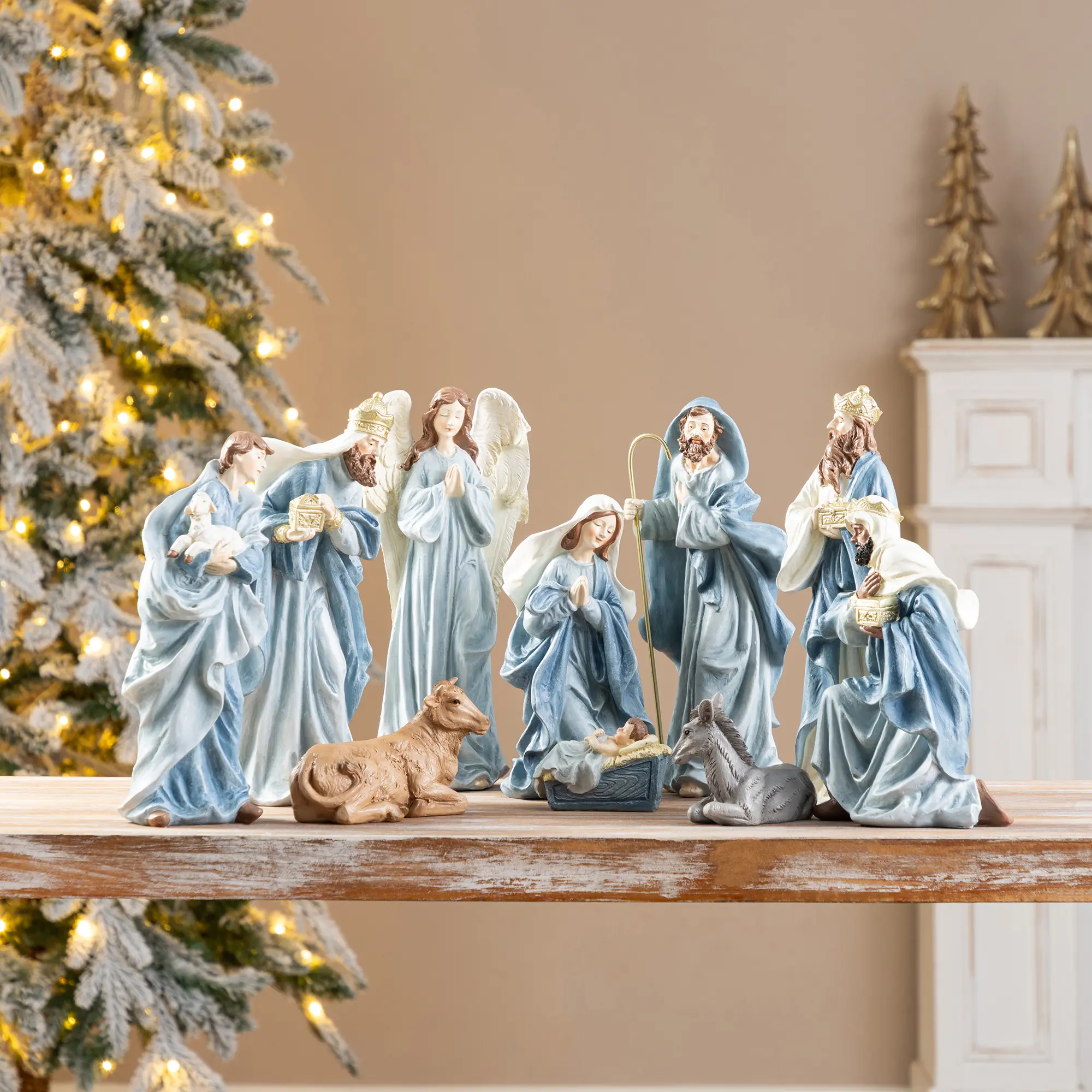 Glitzhome 10pcs Celestial Blue Resin Religious Christmas Nativity Figurine Decor Set