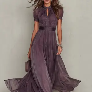 Solid color double-layer mesh lace short-sleeve dress