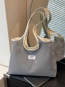Striped canvas casual tote bag, large-capacity simple handbag, Daily commuter bag, suitable for students, office workers commuting, shopping, etc.