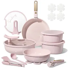[Official] CAROTE Macaron Color 20Pcs Ceramic Cookware Set Stand-Up Lid with Detachable Handle Set, Non Stick Pots and Pans Set Non Toxic, PFAS Free