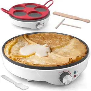 Electric 12-Inch Crepe Maker Dutch Pancake Maker, 12-Inch Crepe Pan with 5 x 4" Silicone Molds, Includes Batter Spreader & Spatula, White, for Pancakes & Tortillas