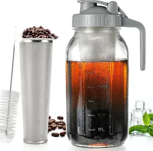 Cold Brew Coffee Maker 64 oz,2-Quart Wide Mouth Thickened Cold Brew Maker with Ultra Dense Stainless Steel Filter - Mason Jar Pitcher with Lid and Spout for Coffee and Homemade Fruit Drinks(Gray) Glass Pots