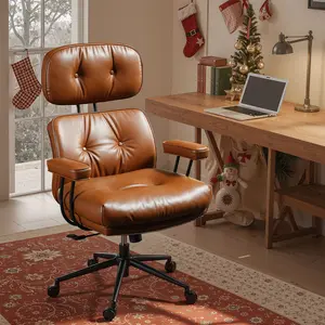 【Black Friday & Cyber Monday Deal】OOSWIFT Ergonomic Home Office Chair, Mid-Century Modern Faux Leather Chairs with Thickened Cushions, Comfy High Back Swivel Rolling Executive Computer Armchair