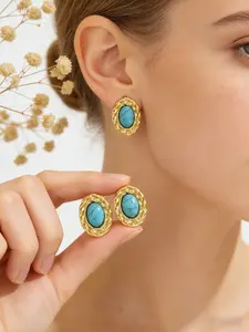 Elegant Vintage Turquoise Earrings, Stainless Steel Twisted Design Oval Button Studs, Perfect for Women's Parties and Vacations, Party Ready