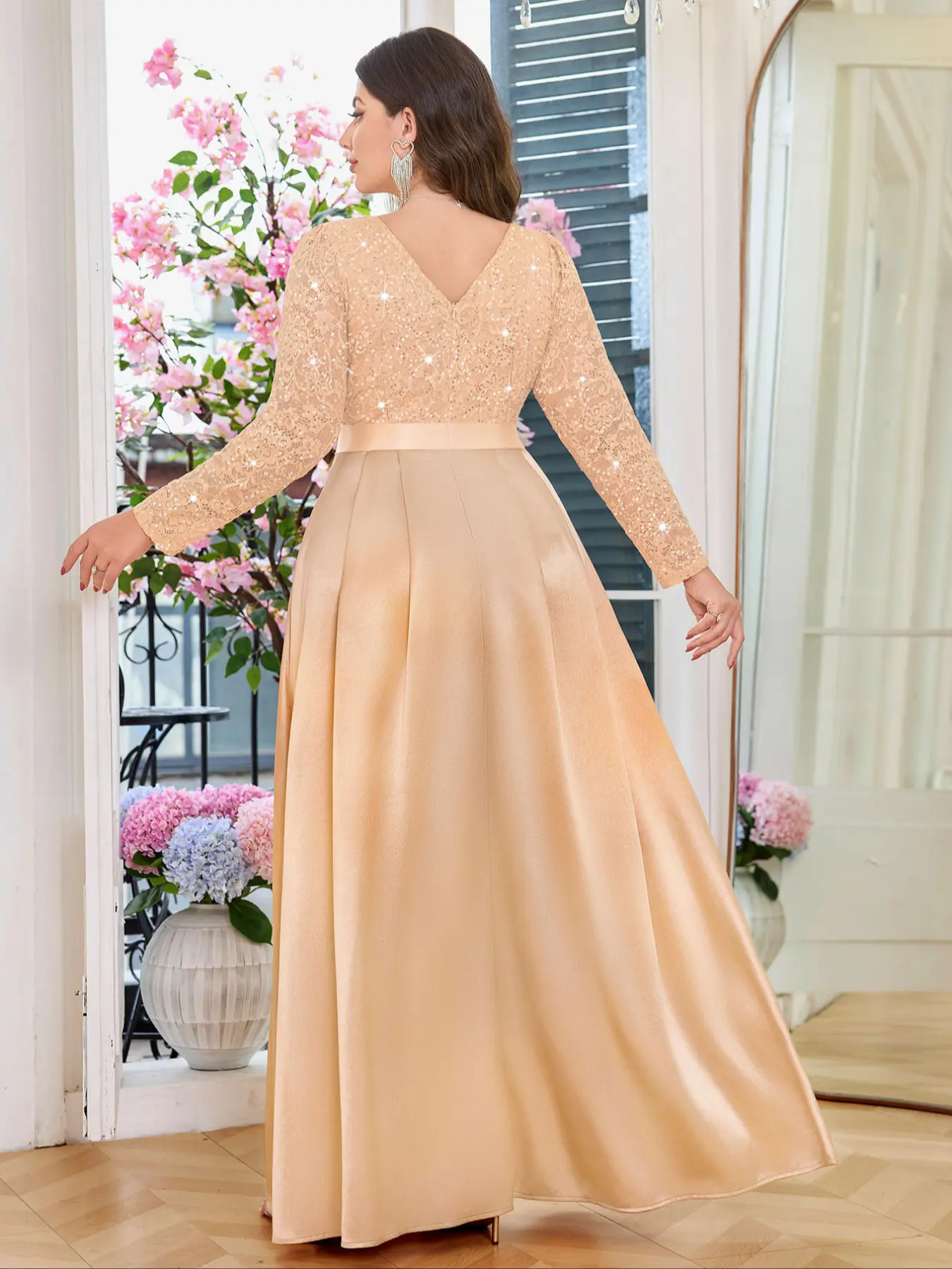 MISSMAY P54507A Plus Curvy Sequin Lace Contrast Satin Pleated Hem Elegant Maxi Prom Evening Party Cocktail MISSMAY P54507A Plus Curvy Sequin Lace Contrast Satin Pleated Hem Elegant Maxi Prom Evening Party Cocktail
