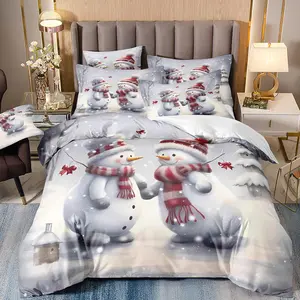 Cartoon Snowman Pattern Christmas Themed Duvet Cover Set, 3 Counts/set Including 1 Duvet Cover & 2 Pillowcases without Filler, Soft Comfortable Bedding Set for Home Bedroom