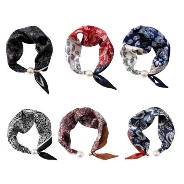 6 PCS Magnetic Pearl Scarf,Satin Scarves for Women,Classic Printing Scarf,Elegant Neck Tie,Hair Bandanas Scarves
