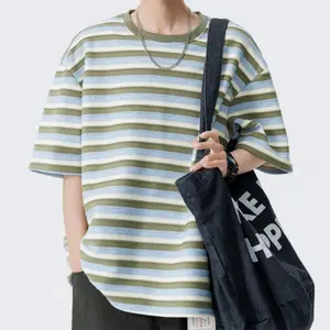 Men’s American retro striped T-shirt, loose casual short sleeves, trendy streetwear top, cotton jacquard heavyweight short sleeve with color-block contrast, stylish and versatile for everyday wear, #SummerWins