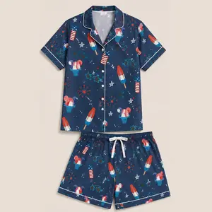 Patriotic Family Matching Pajama Set, Cute 4th of July Satin Sleepwear for Women Men Kids | Fireworks Ice Cream Lounge Pajamas