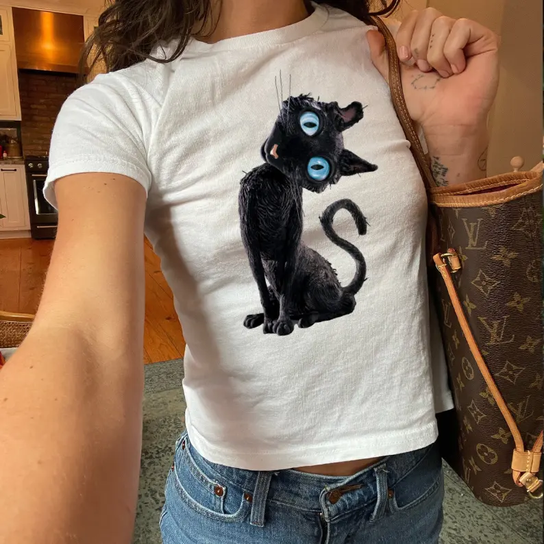 Coraline Black Cat Baby Tee, Y2K Womens Fitted Retro Vintage Movie Tops, Cute Film Gift for Cat Lovers