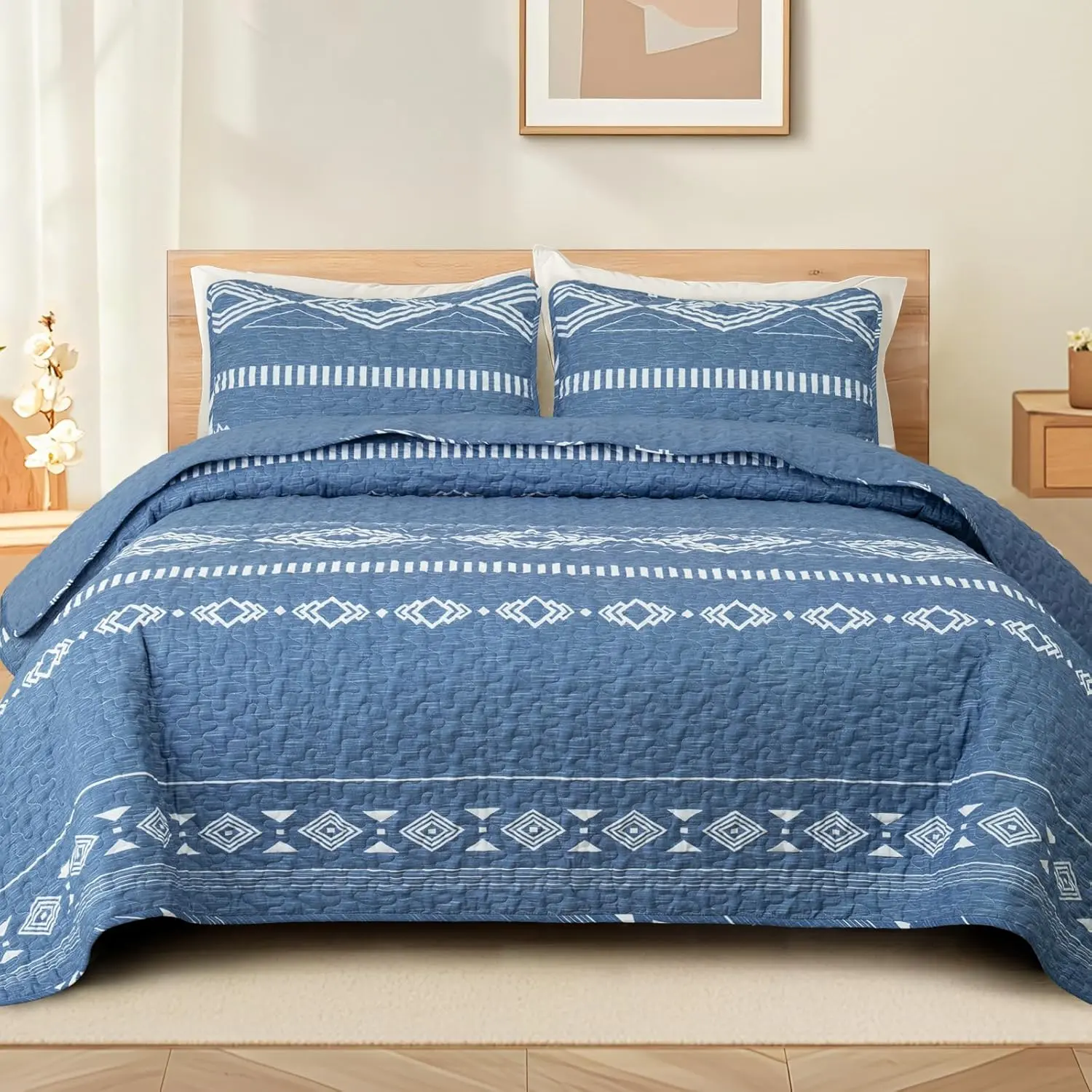 Reversible Ultra Soft Printed Quilts  Size, Lightweight Patchwork Geometric Stripes Bedspreads Coverlets  Quilt Bedding Set with 1 Pillow Sham for All Seasons, Bluish Grey