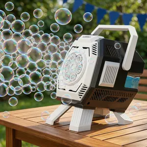 Desktop auto rotating bubble machine for kids 3+. Produces dense continuous bubbles, comes with 50ML bubble solution. 4 AA batteries required. Ideal for outdoor parties, weddings and various holiday gifts.