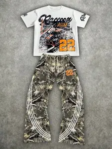 2-Piece Set Camouflage Striped Faded Short Sleeve T-Shirt & Sport Pants, Casual Above-The-Knee Fitted Suit, All-Over Print