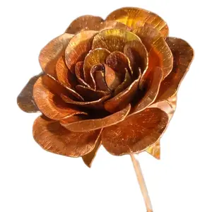Handcrafted Copper Rose with Elegant Solid Natural Wood Vase 15 Inches Tall for Wedding Anniversary Gifts Home Office Décor