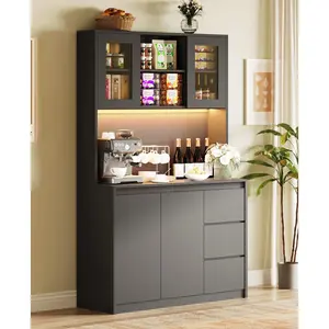 Garvee Kitchen Pantry Cabinet,71 in Tall Storage Cabinet with Doors and Shelves Adjustable, Kitchen Storage Hutch with Microwave Shelf , Led Lights and Charging Station,Corner Pantry Cabinet, Black