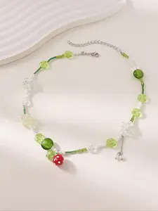 Cute Five-leaf Clover & Strawberry Design Beaded Necklace, Fashionable Jewelry for Women & Girls, Trendy All-match & Exquisite Jewelry for Birthday Gift