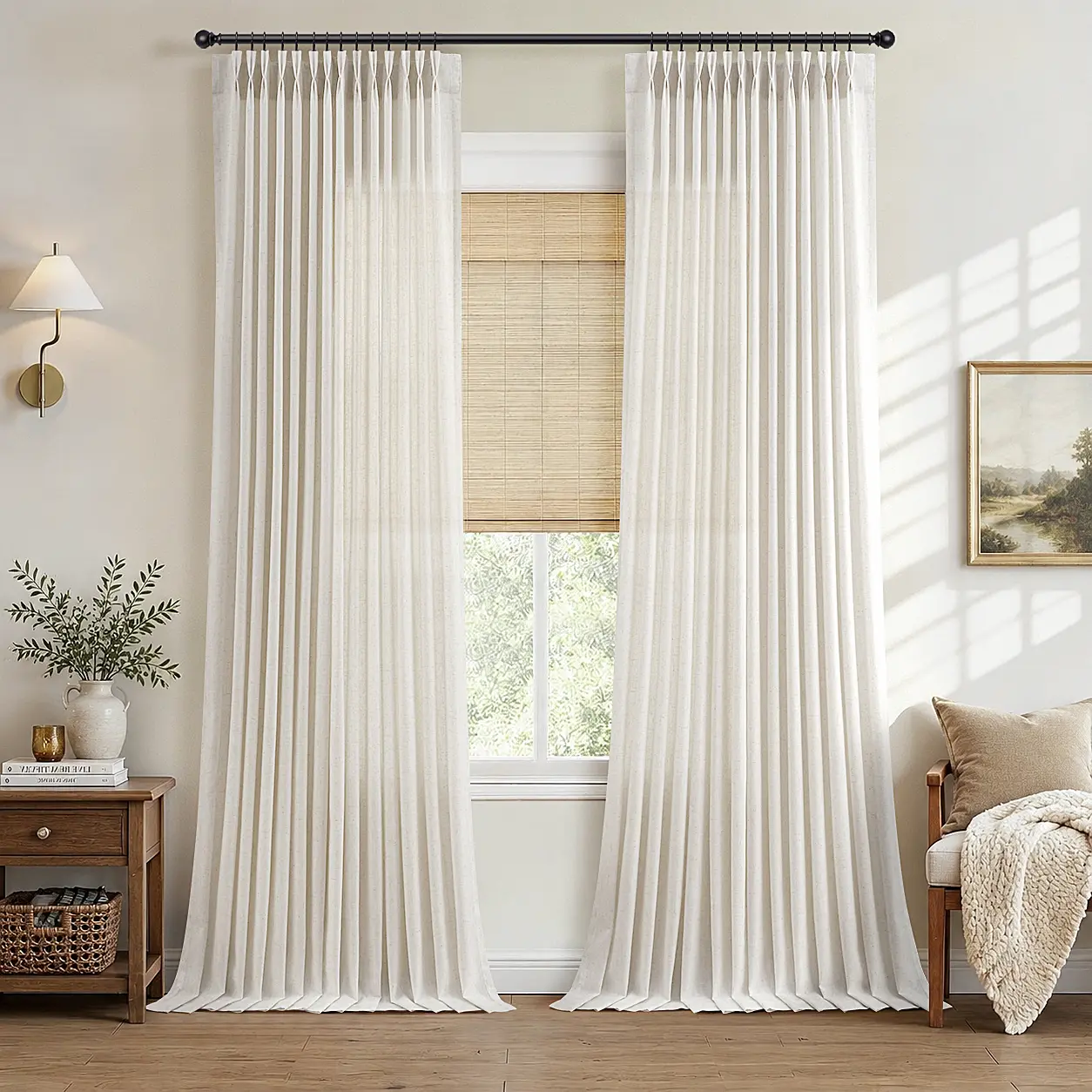 Cream Pinch Pleat Linen Curtains 84 Inches Long Light Filtering Semi Sheer Pleated Curtains with Hooks Back Tab Natural Thick Linen Textured Privacy Pleated Drapes 2 Panels for Living Room Bedroom