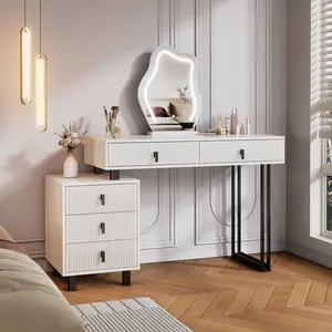 Space-Saving Adjustable Vanity with Cloud LED Mirror & Side Cabinet, Modern Makeup Desk with Storage Drawers & Ribbed Texture for Bedroom, Dorm & Small Spaces