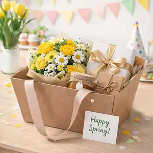 5pcs,Party Box Packs,Kraft Paper Paper Gift Boxes,Waterproof Kraft Paper Handheld Gift Boxes,Party Decorative Flower Boxes,Birthday Party Portable Gift Boxes,Baby Shower Party Decorations,Wedding Party Supplies,Spring Party Gifts